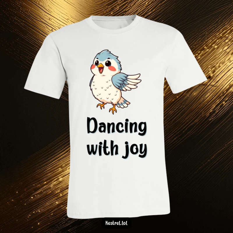 Funny kestrel t-shirt with a delighted bird dancing in the wind, feathers ruffled, embodying carefree joy.
