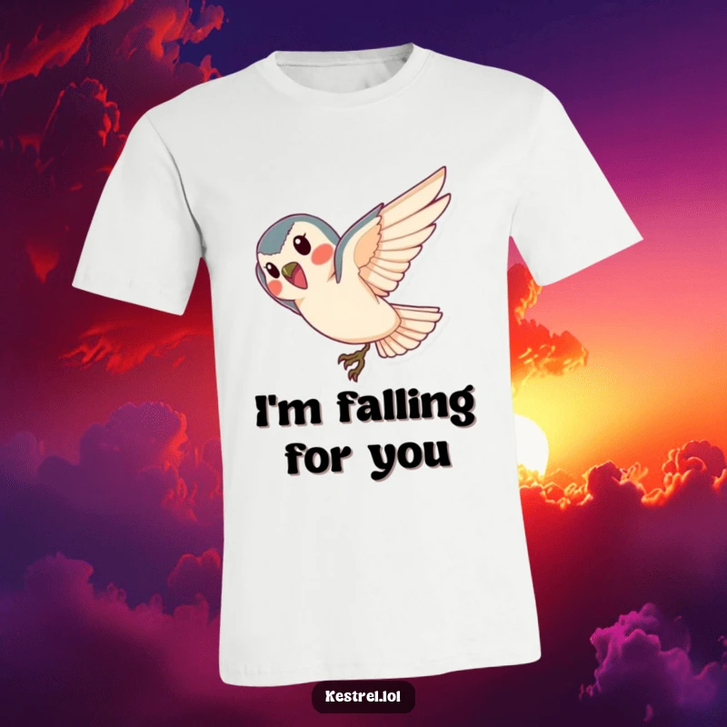 Funny kestrel diving t-shirt, depicting a cheerful bird gracefully plunging towards the ground; great for active people.