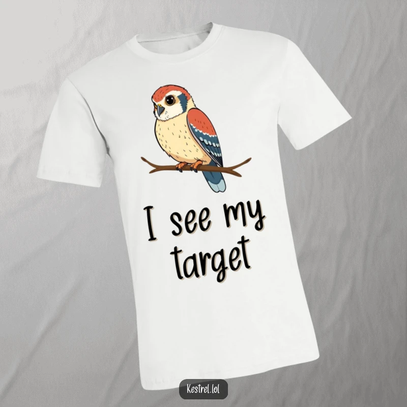 Funny kestrel t-shirt with a determined bird perched and looking intently, ideal for focused individuals.