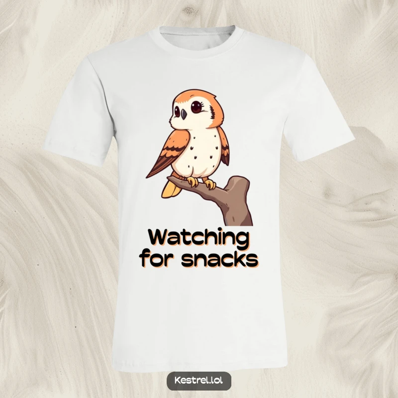 Funny kestrel t-shirt depicting a bird of prey keenly observing the world from its high perch, highlighting focus.