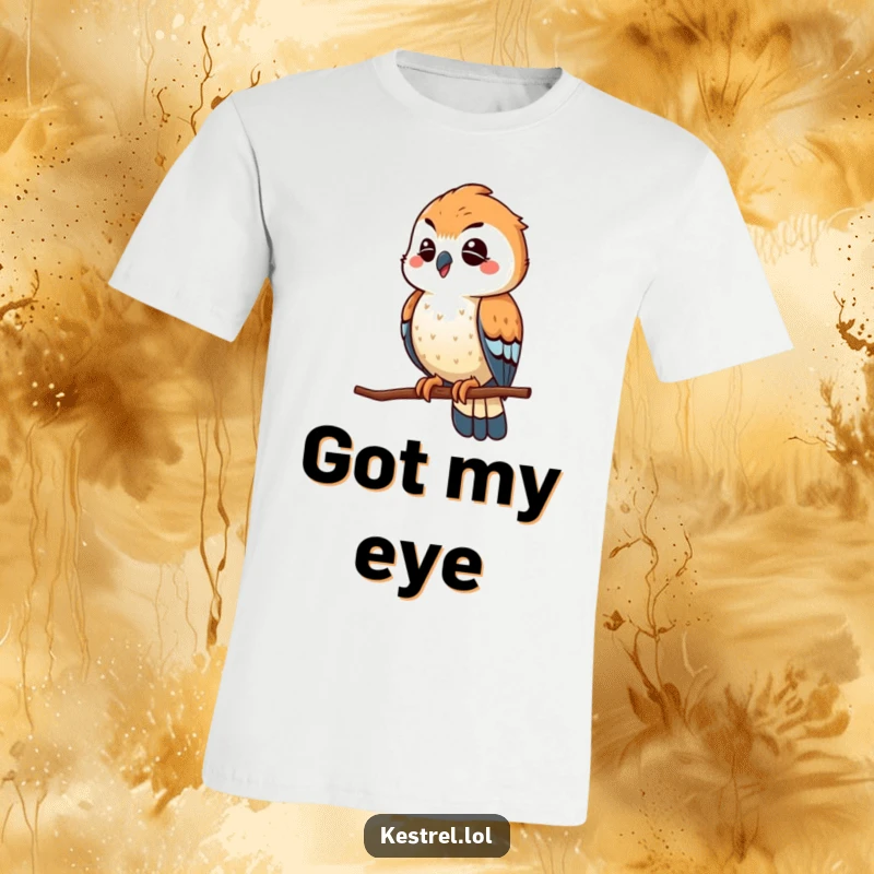 Funny winking kestrel t-shirt, playfully scouting from a high perch, conveying a sense of cunning and humor.