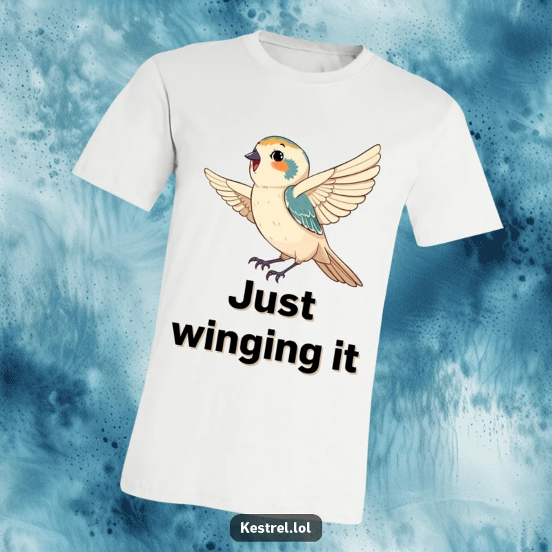 Funny t-shirt depicting a happy kestrel effortlessly catching a gentle breeze, celebrating serenity, joy, and a love for the outdoors.
