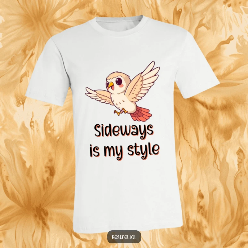 Funny kestrel t-shirt, cute bird character bravely soaring sideways with a funny, determined look, humorous apparel.