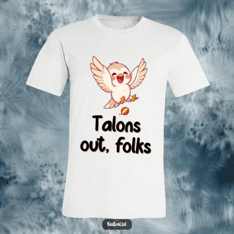 Funny kestrel t-shirt with a delighted character joyfully diving towards small prey, a humorous and action-packed design.