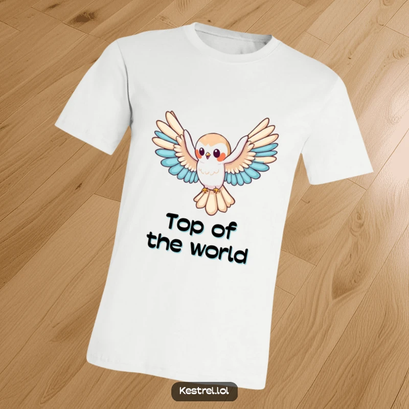 Funny kestrel t-shirt showing a cute character soaring with wings spread wide, embodying freedom and a carefree spirit, a fantastic funny gift.