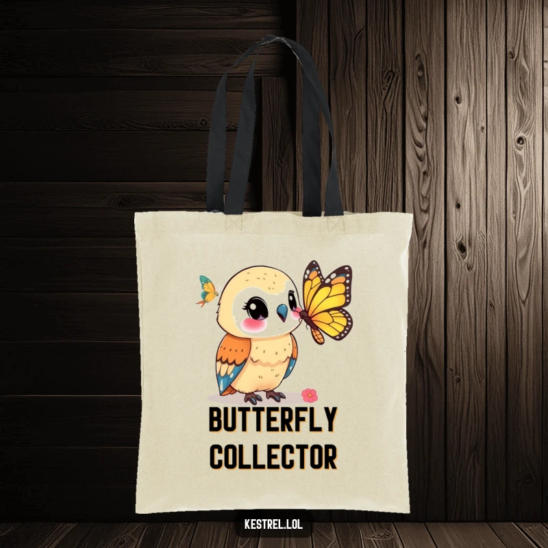 Funny kestrel tote bag featuring a smiling kestrel character watching a butterfly, a delightful companion for everyday tasks.