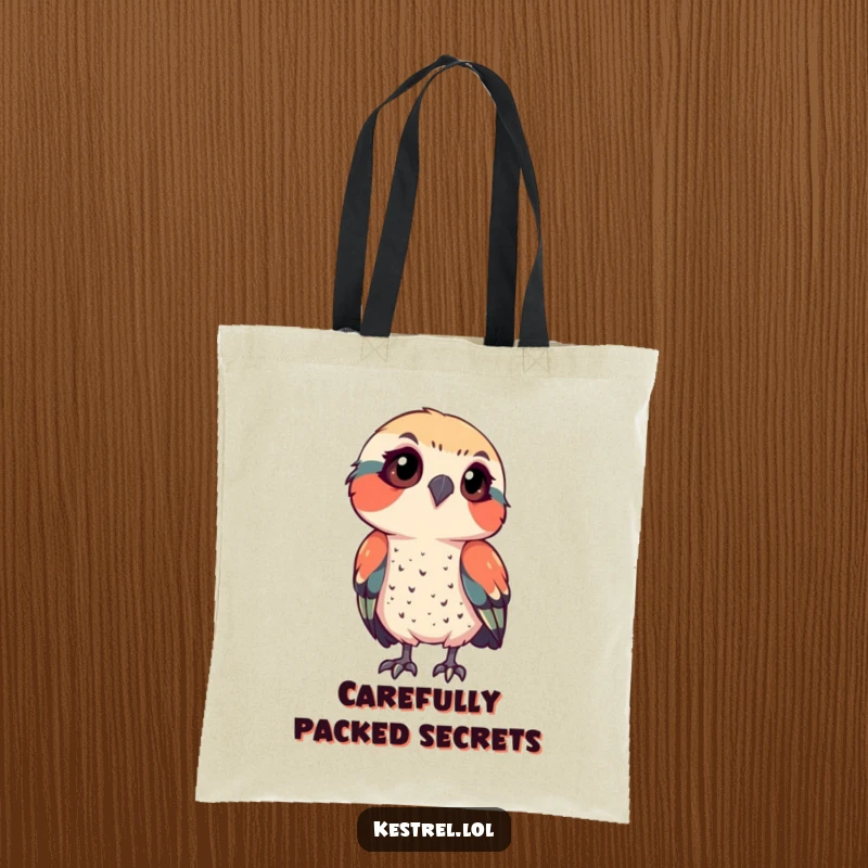 Funny kestrel tote bag depicting a bird observing intensely with a tilted head, a humorous and practical gift for the curious.
