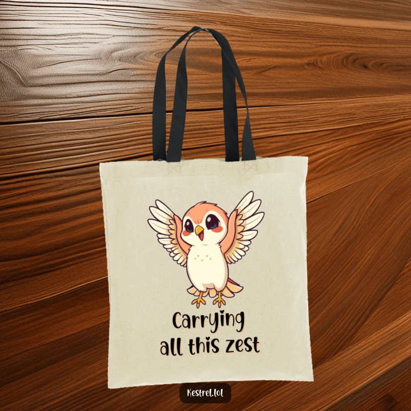 Funny tote bag showcasing a cheerful kestrel character flapping its wings with infectious enthusiasm and a happy expression, great for daily use.