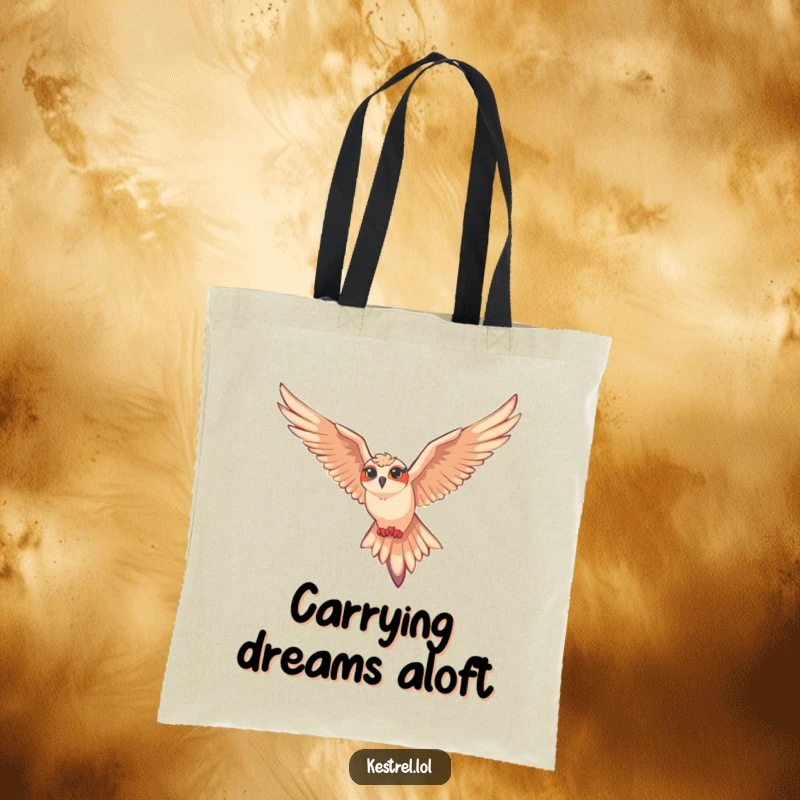 Funny kestrel tote bag illustrating a kestrel character gliding smoothly on air currents, symbolizing freedom and grace.