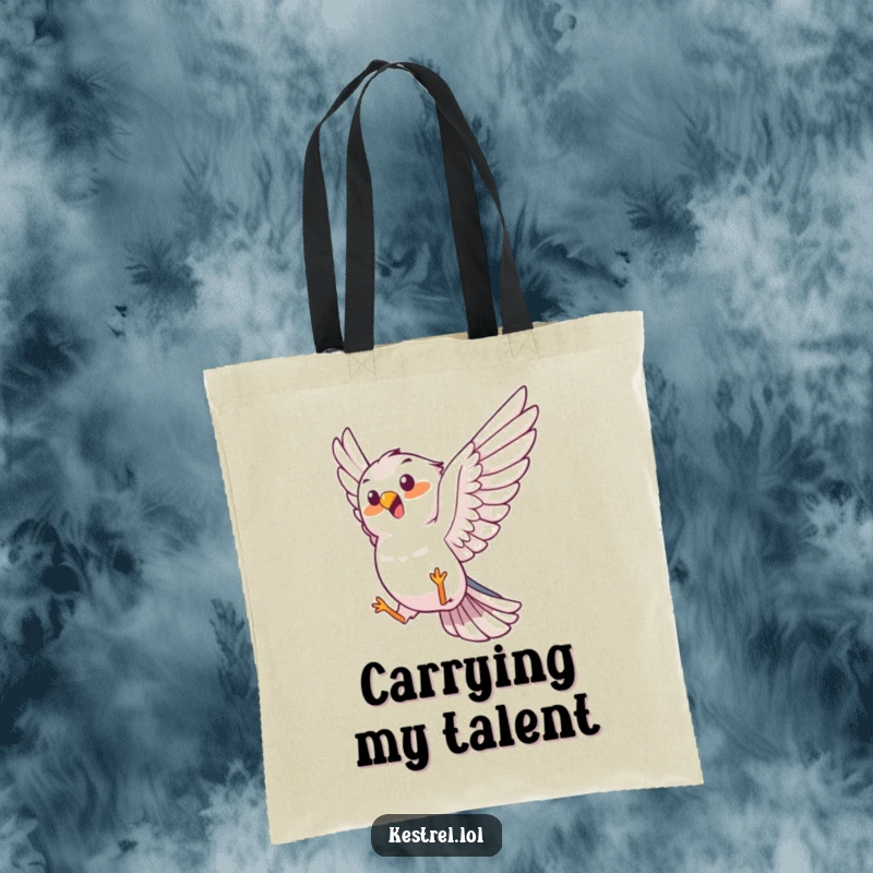 Funny kestrel tote bag, joyful bird character performing an aerial trick, durable and stylish, humorous carryall.