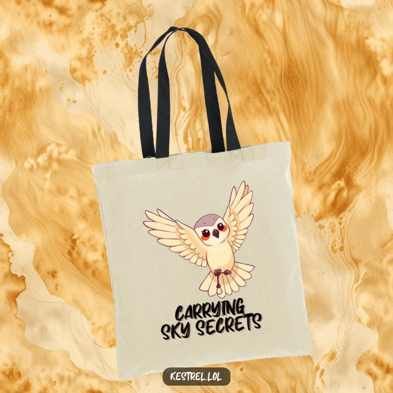 Funny tote bag featuring a kestrel character performing a graceful aerial maneuver, symbolizing freedom and flight.