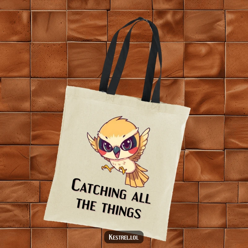 Funny tote bag featuring a determined kestrel character diving with focused intensity, perfect for carrying essentials for any mission.