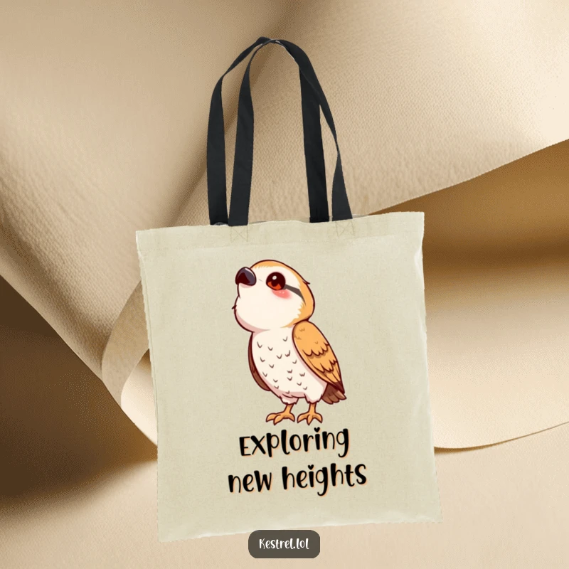 Funny kestrel tote bag with a cute, stylized bird character in a playful pose, gazing upwards with curiosity and charm.