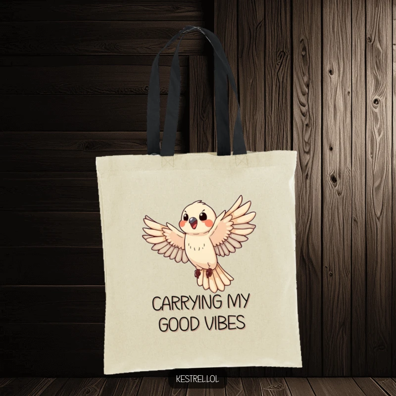 Funny happy kestrel tote bag, illustrating a bird in energetic flight, practical and uplifting for daily use.