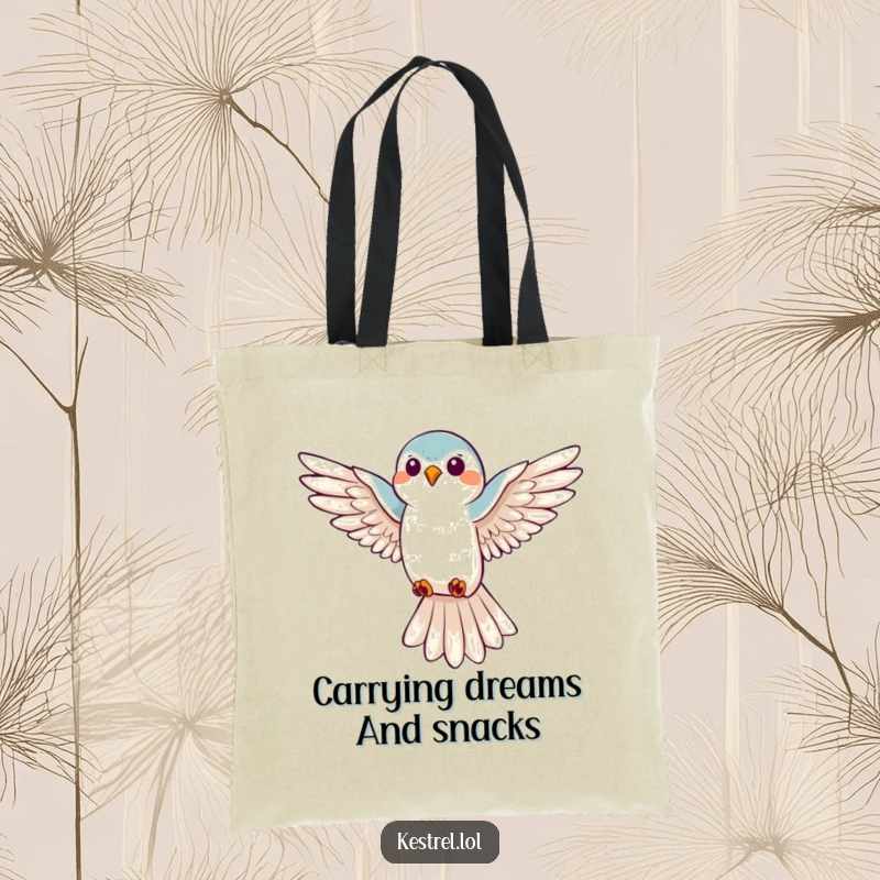 Funny kestrel hovering tote bag, featuring a joyful bird with spread wings, looking down; a stylish and practical gift.