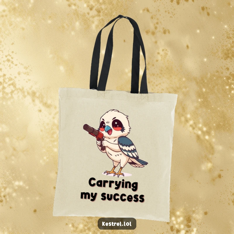 Funny kestrel tote bag depicting a smiling bird character hunting with focused delight, a humorous and practical accessory.