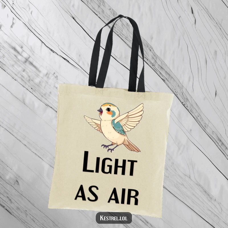 Funny tote bag illustrating a happy kestrel gracefully catching a gentle breeze, ideal for carrying essentials with a humorous and serene vibe.