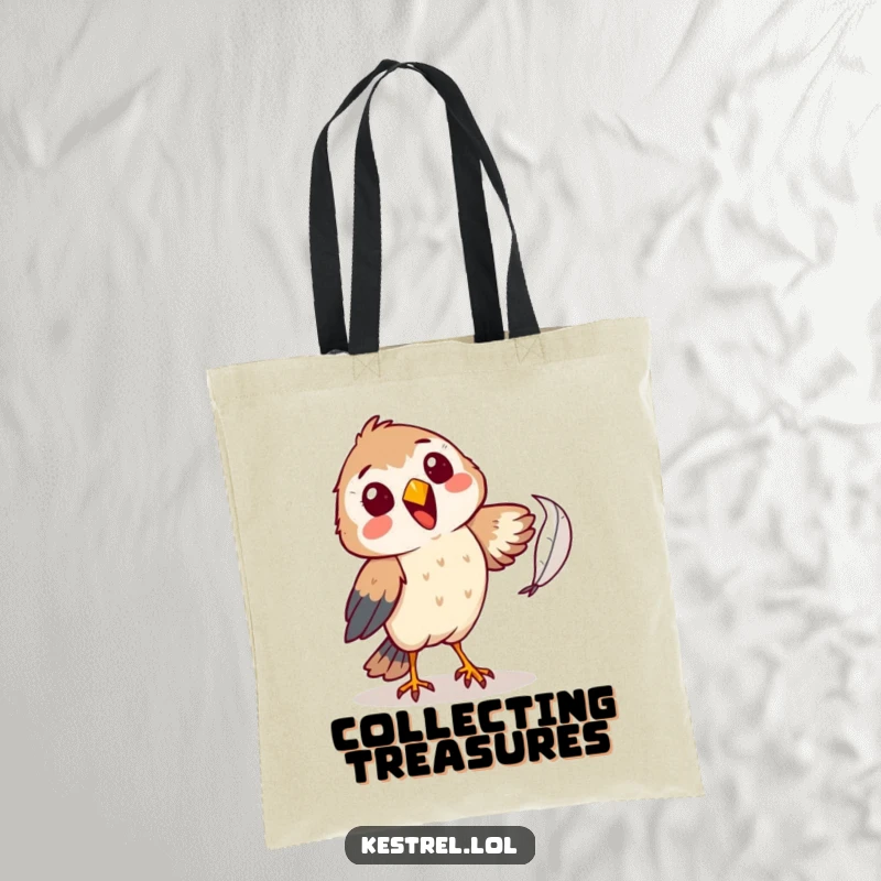 Funny kestrel tote bag showing a cheerful character comically attempting to catch a falling feather, a humorous and practical accessory.