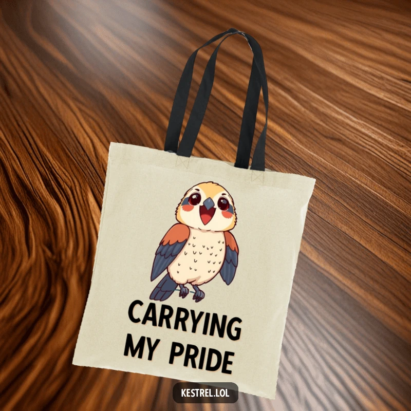 Funny kestrel tote bag featuring a thrilled bird character perching proudly, a humorous and stylish accessory for carrying essentials.