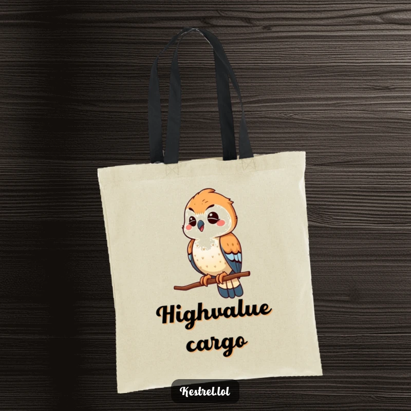 Funny winking kestrel tote bag, the bird playfully scouting from a high perch, a humorous and practical bag.